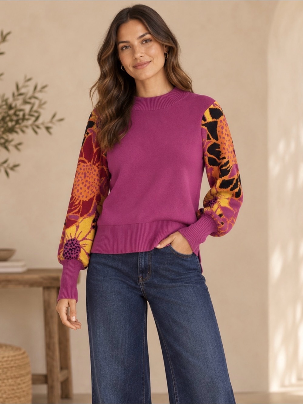 JODIFL Magenta Knit with Floral Balloon Sleeves (080678) 🌼 ☀️